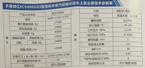 飽和水蒸汽運輸半掛車上裝技術(shù)參數(shù)表